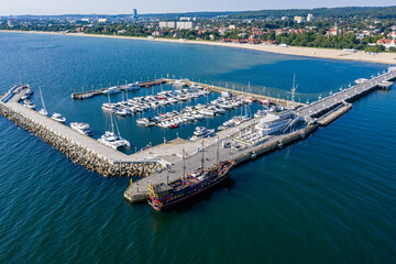 Marina and pier in Sopot aerial view - obrazy, fototapety, plakaty