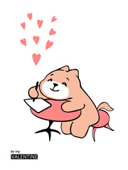 Cute cat is writing love letter. Cat falling in love. Valentine day card. Cartoon hand drawn character