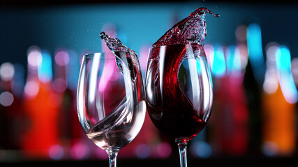 Two glasses of red and white wine hitting each other