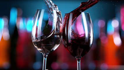 Two glasses of red and white wine hitting each other