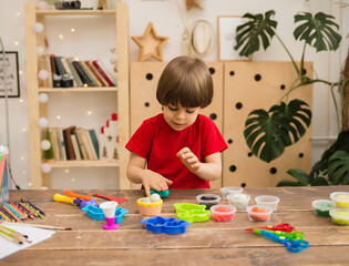 small boy in a red T-shirt sits at a wooden table and sculpts from plasticine