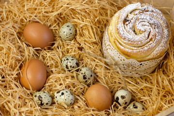 Easter Cake - Russian and Ukrainian Traditional Kulich with easter eggs on a light grey background Bread Selective focus