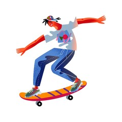Young man riding on skateboard. Happy boy skating on board with speed, isolated on white background. Recreation at skatepark playground vector illustration. Modern youth leisure