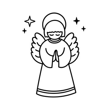 Hand drawn outline vector Praying Angel. Contour drawing Religious Symbol. Biblical heaven character. Christmas, Easter Holiday element for infographic, design greeting card, poster, coloring book