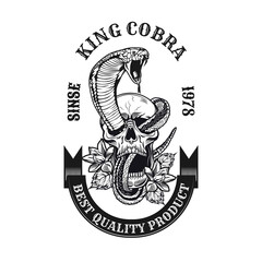 Monochrome king cobra in skull emblem. Retro design elements with human skull, snake and blooming flowers. Gothic or horror concept for label, stamp, tattoo template