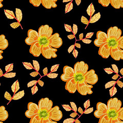Seamless watercolor botanical pattern on black background