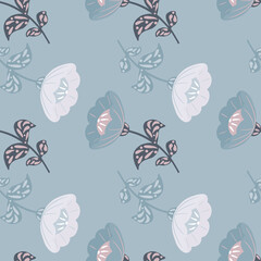 Hand drawn seamless pattern with blue and white doodle vintage flower silhouettes. Pastel background.