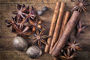 spices on wooden table, selective focus