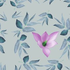 Seamless pattern with floral ornament from watercolor leaves and flowers on a light background 