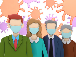 PAPER CUT 3D RENDER ILLUSTRATION CARTOON CHARACTER ART. Clipping path Human Man Woman Old Senior Middle age with face mask for stop Coronavirus on isolated white background. Virus Covid-19 concept.