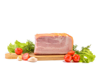 Smoked pork belly, bacon, ham on a wooden chopping board. White isolated background.