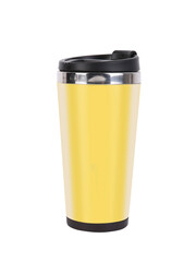 To go smoothie cup. Yellow color reusable mug and tumbler made of plastic and metal. Traveler tumbler.