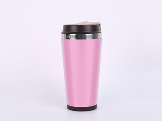 Reusable Coffee Cup To Go. Mug and tumbler thermos flask of pink color. Mock up.
