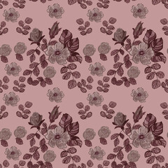 Seamless ornament of flowers of wild rose with leaves