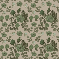 Seamless ornament of flowers of wild rose with leaves and birds