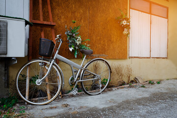 Broken vintage bicycle with old house.