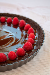 Delicious dark chocolate dipped and place around ripe pink raspberries