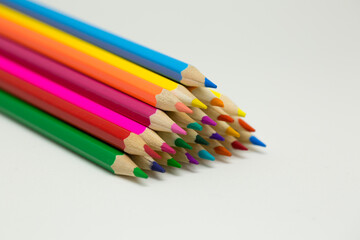 Close-up shot of isolated coloring pencils with selective focus. 