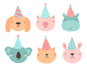 Cute cartoon doodle set with funny animals in party hats. Dog, cat, bunny, hippo, koala and cat. Colorful characters for your design. Concept kids birthday print materials