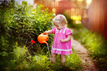 baby girl watering flowers from a watering can, summer in the village, July