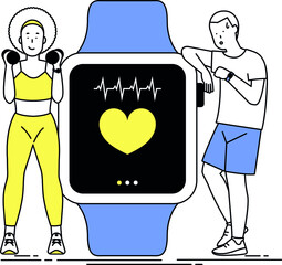 Athletes follow their performances using a smartwatch. A runner uses a connected watch to track his heart rate and a fitness girl watches her performance.