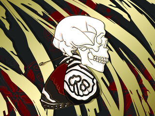 Obraz premium Butterfly with a skull on a gold and grey background with red flowers