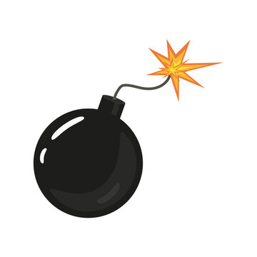 Bomb, wick and explosion icon. Explosive device operation concept. Isolated element on a white background. Vector illustration. Flat style.