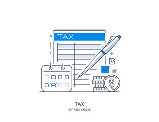 Tax payment concept. State taxation, tax return calculation. Tax form. Pay bills, invoices, salaries. Vector illustration. Line art style. Editable stroke.