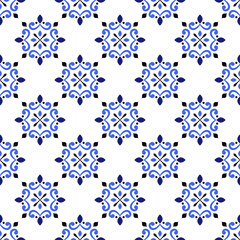 ceramic tile pattern, colorful seamless floral background, blue and white decorative wallpaper decor, Portugal ornament, Moroccan mosaic, pottery folk print, Spanish tableware, vintage tiles design