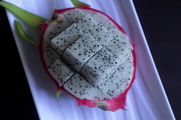 close up of dragon fruit on a plate ready to eat after lunch