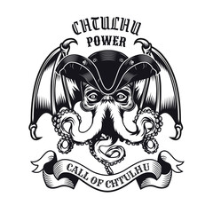 Engraving monochrome emblem with Cthulhu head in cap vector illustration. Vintage sign or sticker with legendary creature from ocean. Horror and mythology concept can be used for sticker and badge