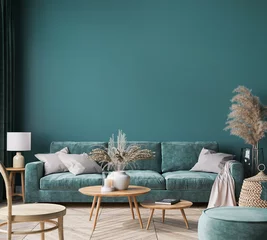 Foto op Plexiglas Home interior mock-up with green sofa, wooden table and trendy decoration in green living room, 3d render © lilasgh