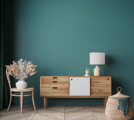Home interior mock up in modern background, green living room, Scandinavian style, 3d render