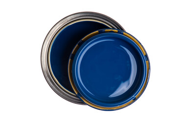 pened blue can paint with lid top view isolated on white background