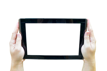 Hands holding black tablet computer with white screen isolated on white background,empty for text