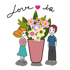 cute valentine card couple standing with big pot of flowers, can be valentine card, greeting card hand drawn cartoon vector with wording love is and red heart 