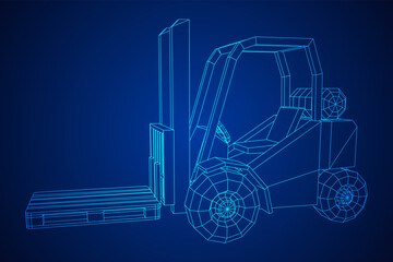 Forklift Loader lift truck with cargo pallet for warehouse. Logistics shipping concept. Wireframe low poly mesh vector illustration.