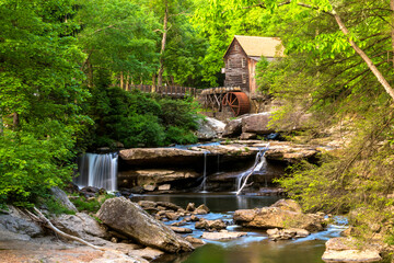 serene landscape of Glade Creek Grist mill in Babcock State Park in West Virginia during springtime. © Nathaniel Gonzales