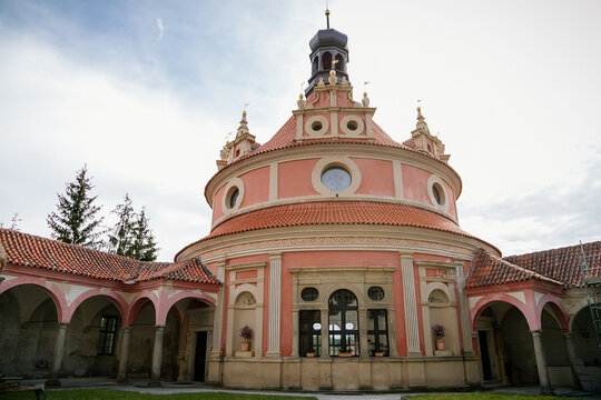 Courtyard of medieval castle and chateau, historical palace complex, arcades and white renaissance archs, Rondel Music Pavilion, Jindrichuv Hradec, South Bohemia, Czech Republic