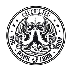 Vintage emblem with Cthulhu head vector illustration. Monochrome sign or sticker with mythical octopus. Horror and mythology concept can be used for sticker and badge