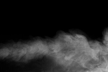 Blur white water vapour on isolated black background. Abstract of steam with copy space. Steam flow. Smoke on white background.