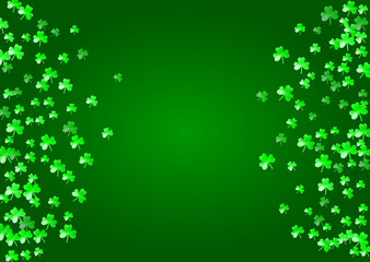 Saint patricks day background with shamrock. Lucky trefoil confetti. Glitter frame of clover leaves. Template for voucher, special business ad, banner. Greeting saint patricks day backdrop.