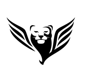 mythical winged lioness or puma black and white vector outline portrait - animal head and bird wings simple monochrome design