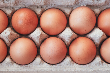 Raw brown eggs in egg box. Top view