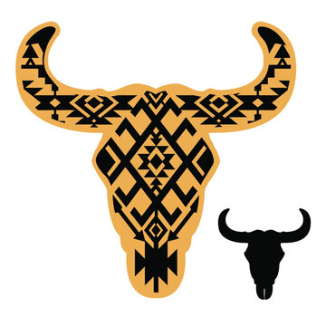 Cow skull with Aztec pattern. Vector illustration auroch skull with hornes and southwest traditional ornament isolated on white background for design. 