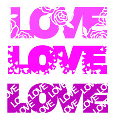 Love word lettering with romantic decoration. Vector pink illustration for greeting card isolated on white 