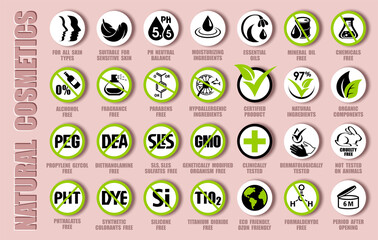 Vector package icon set of natural cosmetics icons, organic components signs, bio ingredients pictograms, eco friendly labels, bio products packaging