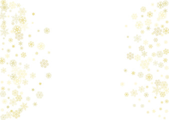 Glitter snowflakes frame on white horizontal background. Shiny Christmas and New Year frame for gift certificate, ads, banners, flyers. Falling snow with golden glitter snowflakes for party invite