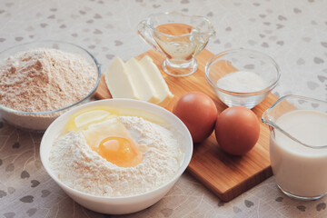 Ingredients for homemade pancakes. Cooking for someone special concept