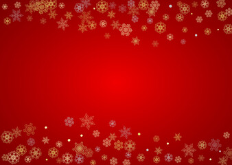 Naklejka na ściany i meble Christmas snow on red background. Glitter frame for winter banners, gift coupon, voucher, ads, party event. Santa Claus colors with golden Christmas snow. Horizontal falling snowflakes for holiday.
